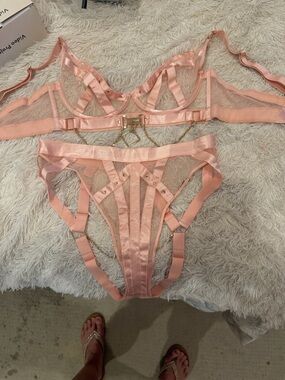 Honey Birdette India 38D Sheer Strappy Lingerie Set in Blush Pink
